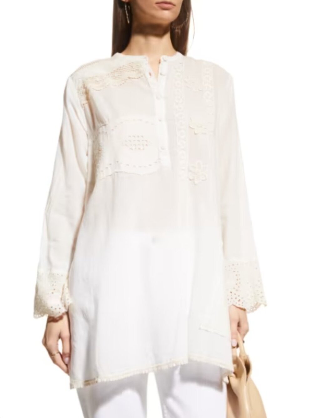 Johnny Was Kit Patchwork Tunic Top Natural Embroidered Cotton Button Size XS